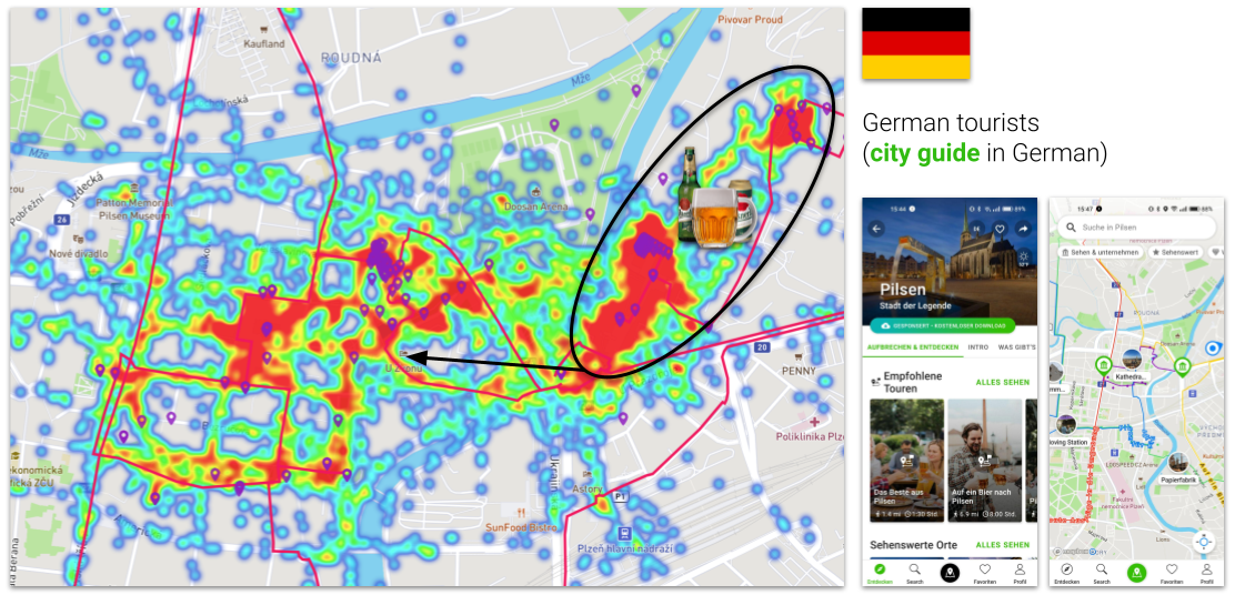 Behavior of tourists using the audio guide of Pilsen as seen on a heat map by SmartGuide