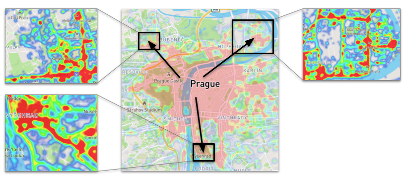 GPS heatmaps of SmartGuide digital audio guide for Prague