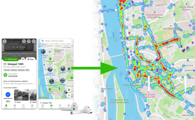 GPS heatmaps of SmartGuide digital audio guide for Prague