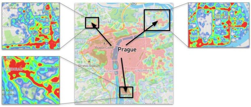 GPS heatmap of SmartGuide tour guide app for Prague