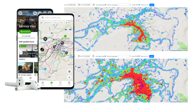 GPS heatmaps of SmartGuide digital audio guide for Karlovy Vary