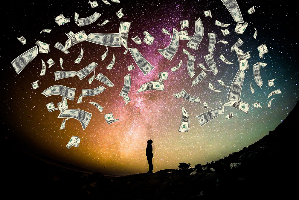 A man looking at money falling from the sky - Get funding on digital audio guides